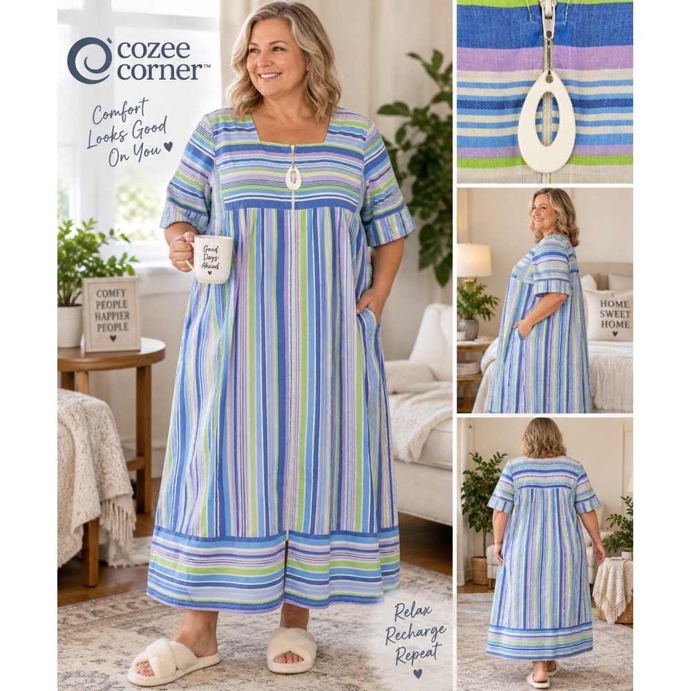 Cozee Corner Women's 2X Zip Front Duster House Dress Robe Striped Short Sleeve